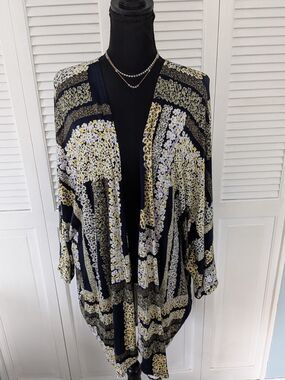 Cato Duster Kimono Women's 22/24 Navy Yellow Floral Open Front Dolman Slv Comfy